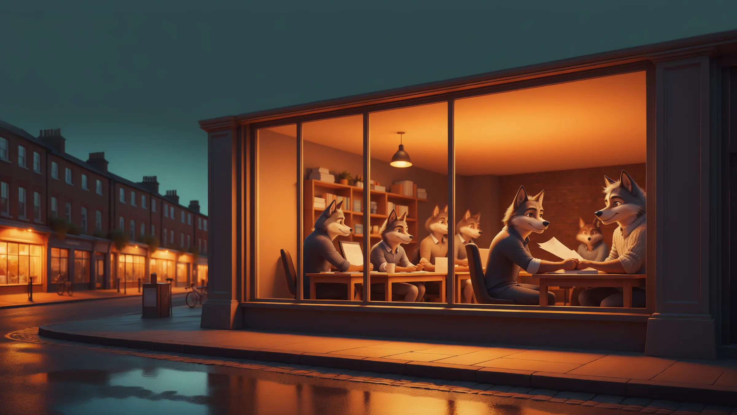 Wolf staff at work around a table in a warmly lit office window on a quiet British high street at dusk