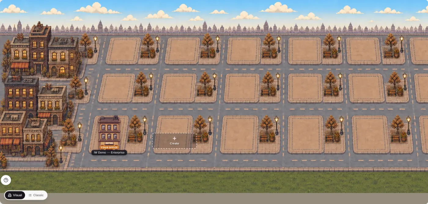 An almost-empty street — one office and open plots waiting for clients. Demo data.
