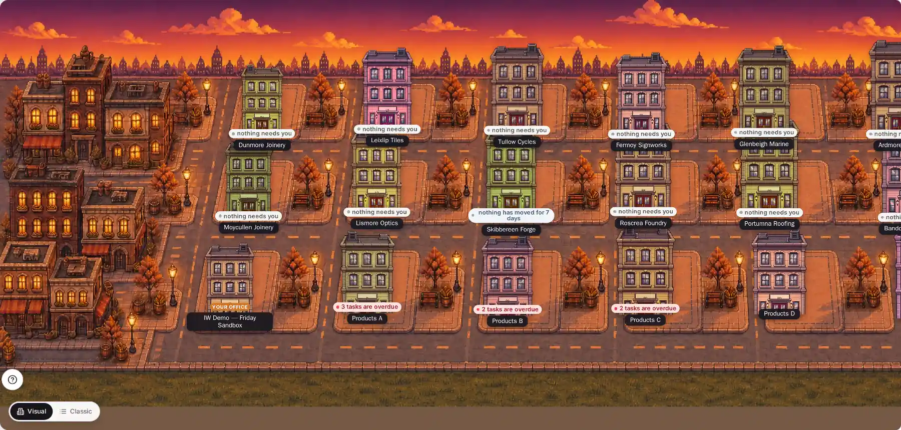 The same street at sunset — the buildings and their statuses under an evening sky. Demo data.