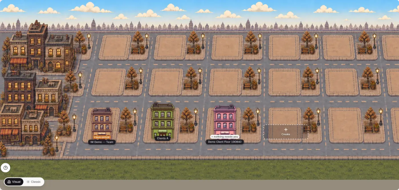 A street with your office and the first client building, its status overhead. Demo data.