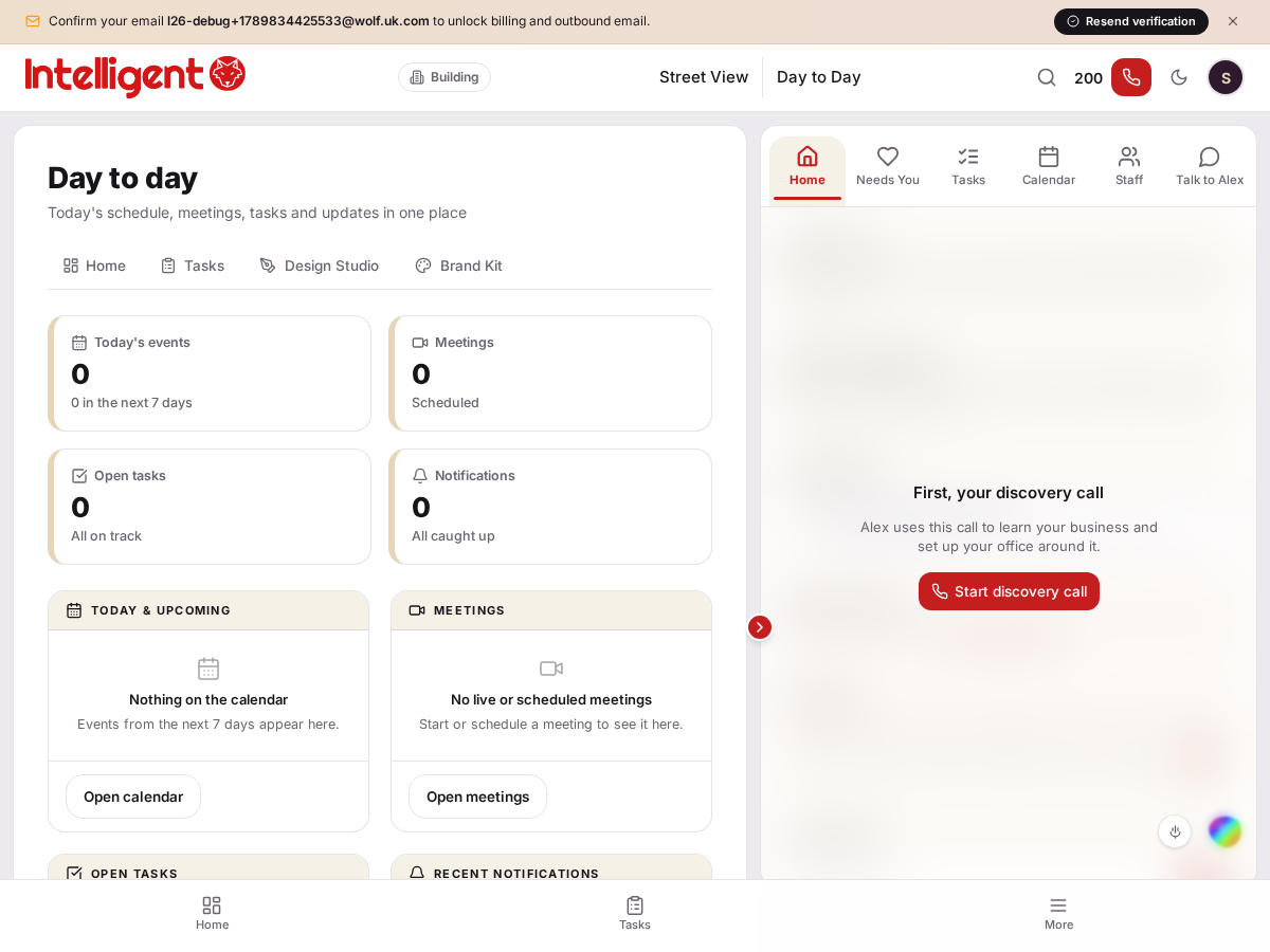 Day to day's dashboard: today's events, meetings, open tasks and recent notifications