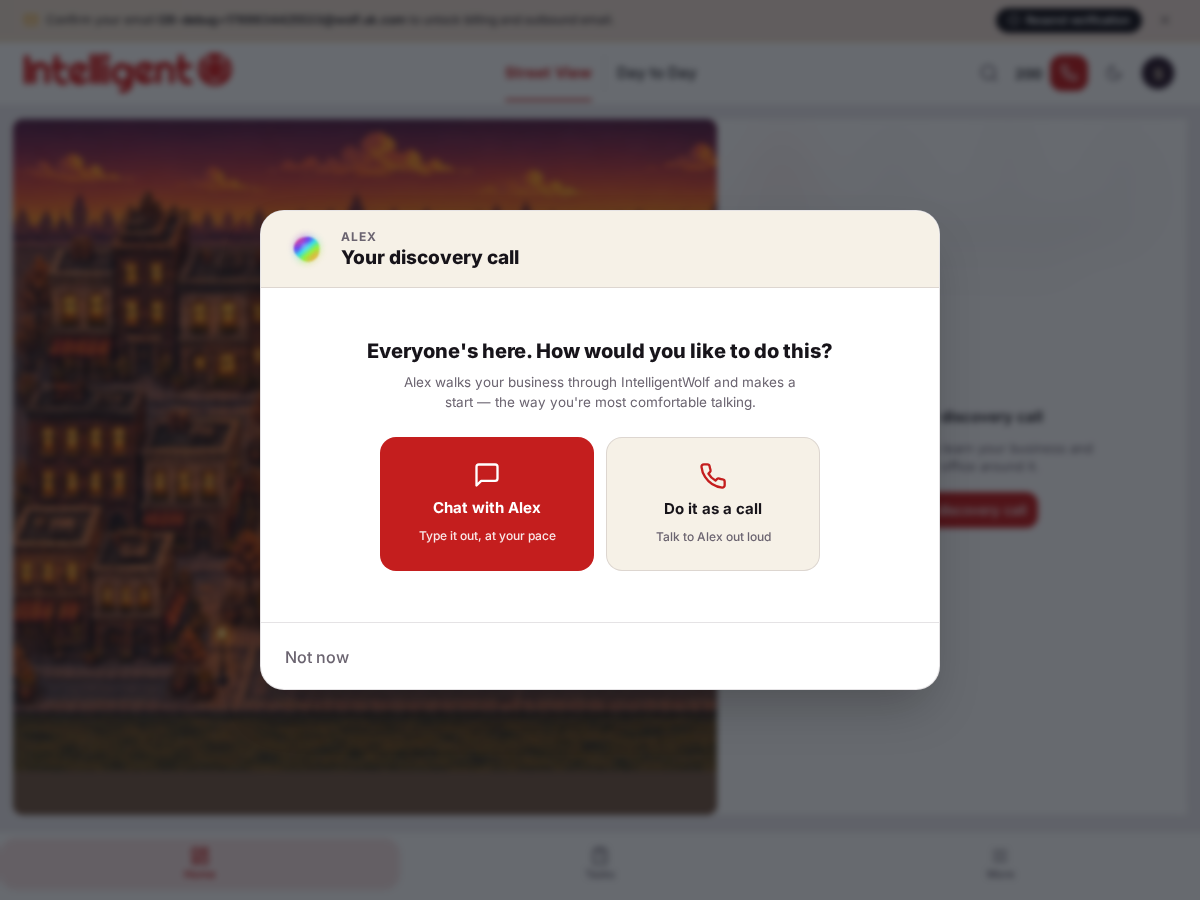 The discovery call card on first entry, offering Chat or Call