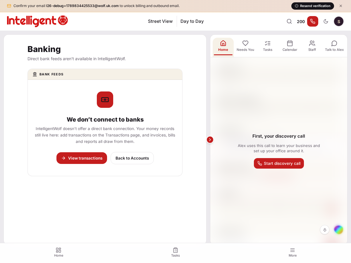 Banking's honest "we don't connect to banks" page, pointing back to Transactions