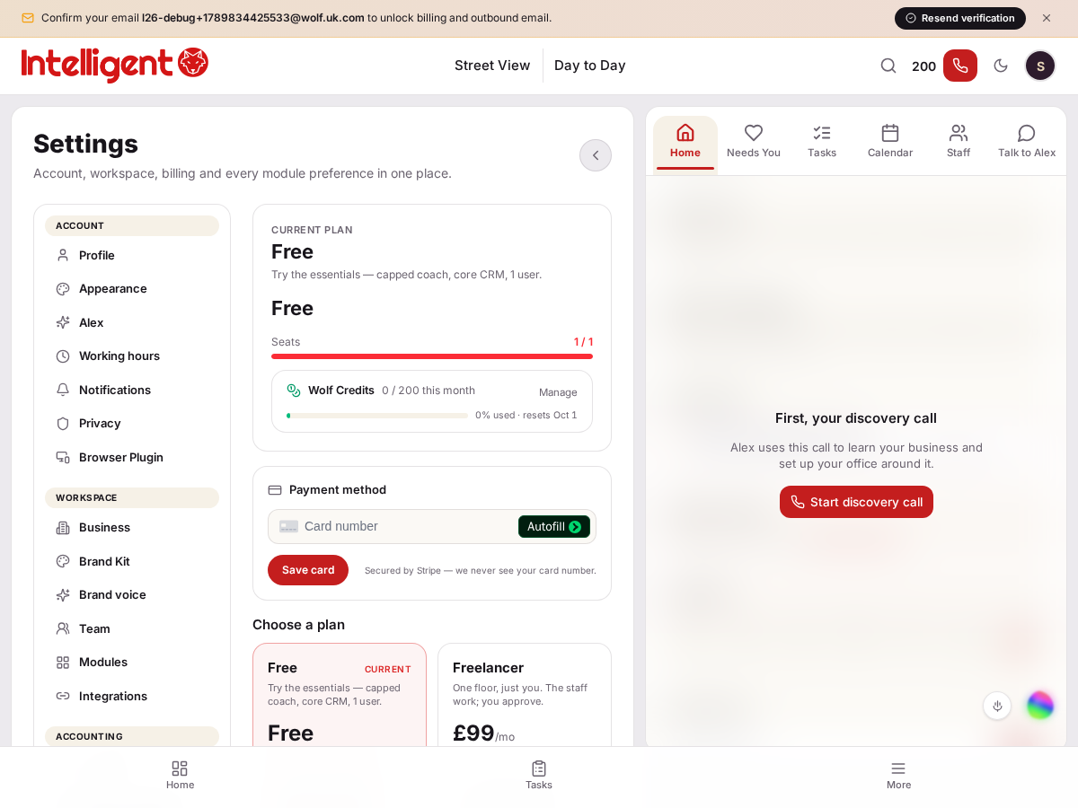 Settings → Billing, showing the current plan, seats, Wolf Credits allowance and payment method