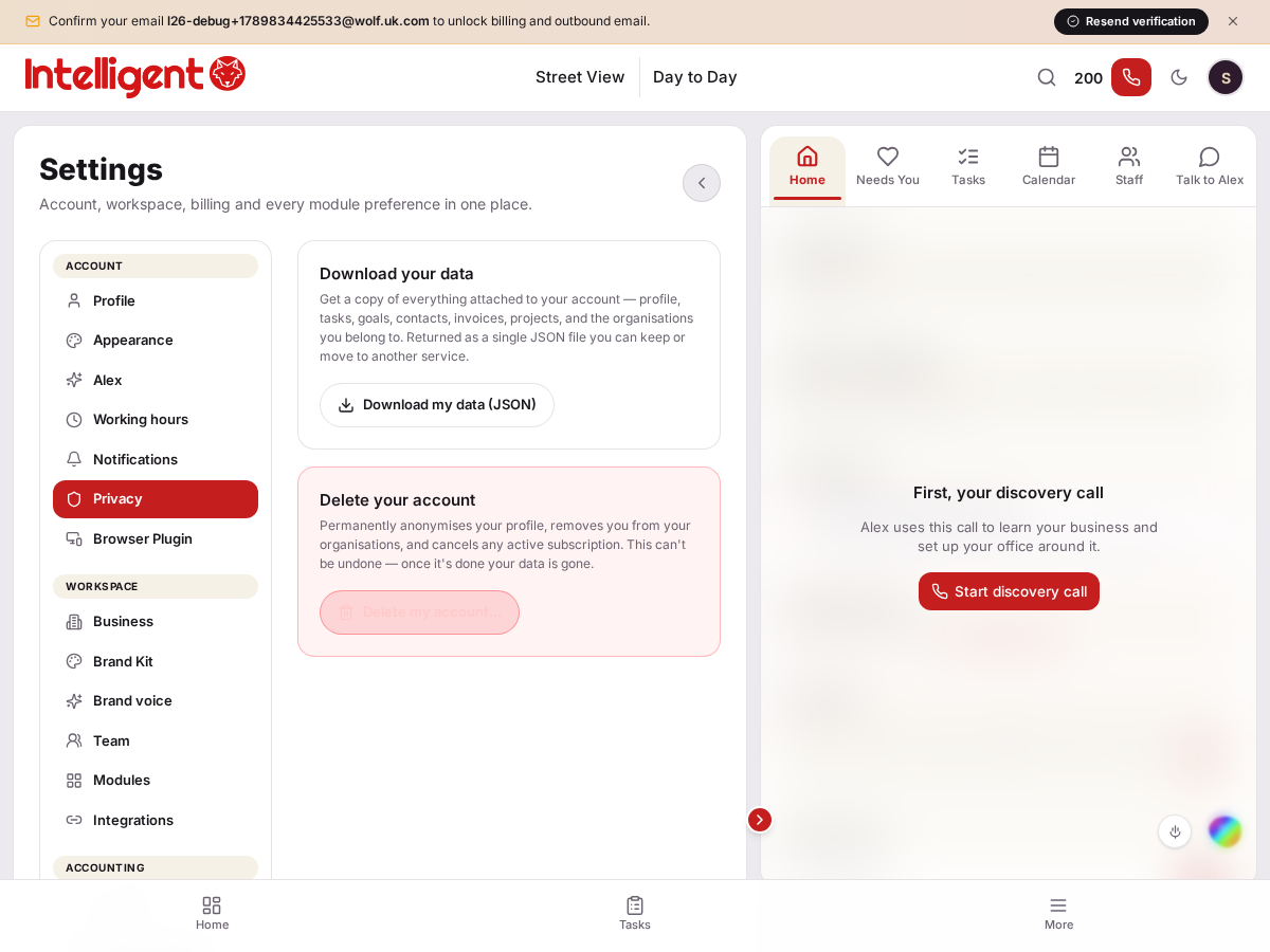 Settings → Privacy, showing Download my data and the account-deletion control