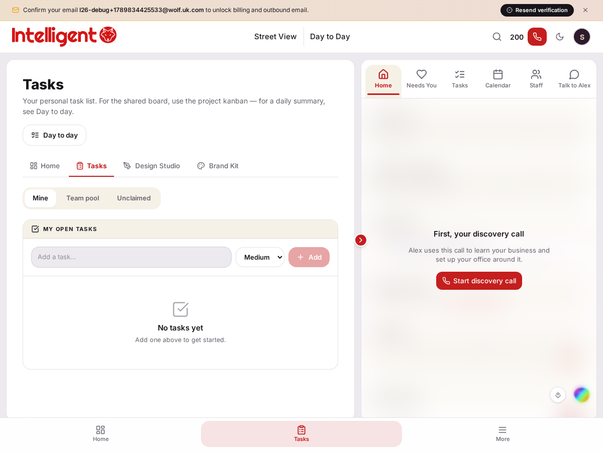 The Tasks screen: quick-add, priority, and the Mine / Team pool / Unclaimed tabs