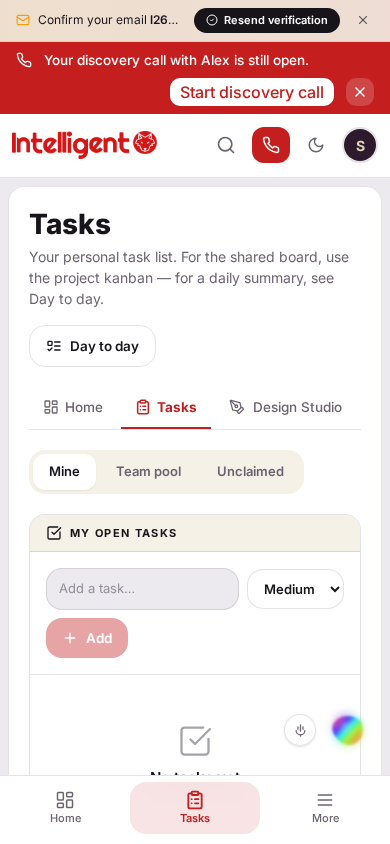 Tasks on phone, with the Mine / Team pool / Unclaimed scope tabs